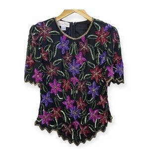 Vtg Laurence Kazar Floral Sequin Top Black Pink Purple Short Sleeve Festival